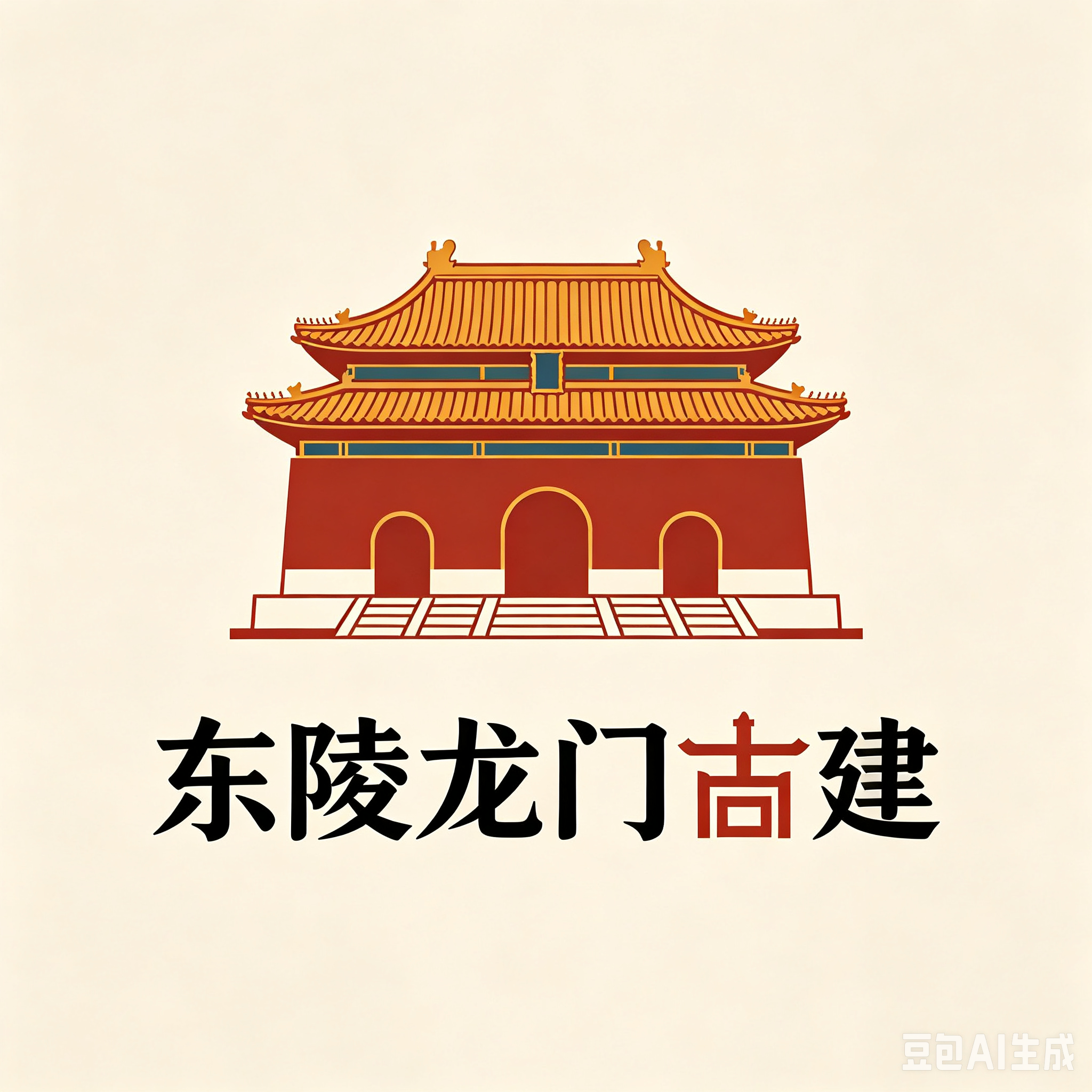  本LOGO以龙门牌楼、古建飞檐、斗拱为核心视觉元素，融合中式传统建筑形制与地域文脉底蕴。整体配色采用古建经典朱红、青灰配色，古朴庄重；搭配简约传统纹样，凸显古建修缮、仿古营造的专业属性。  标识造型稳重大气，寓意匠心筑造、传承古韵、基业恒固，充分彰显东建龙门古建深耕文保工程、中式营造的企业定位与品牌底蕴。